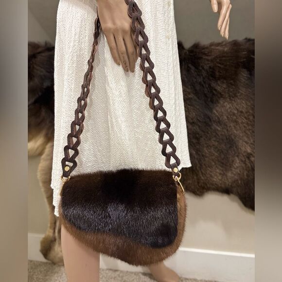 Brown Real Mink Fur Handmade Asymmetric Saddle Bag/Bumbag/Crossbody & 2 Straps - Picture 9 of 16